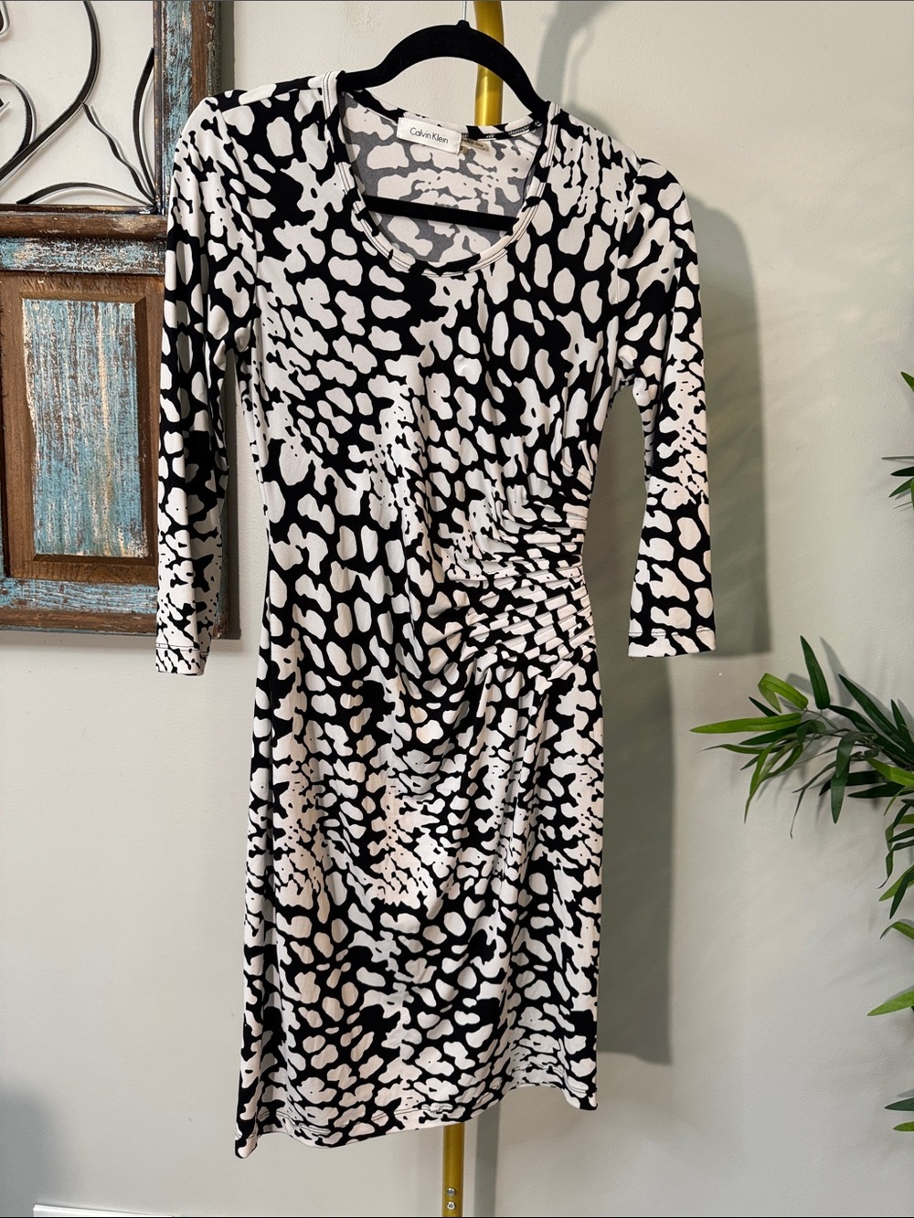 Calvin Klein animal print Black & white Abstract Print Ruched Waist  Dress